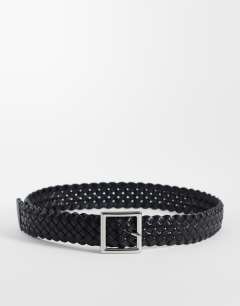 Model wearing Weave leather belt in black