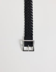 Model wearing Weave leather belt in black