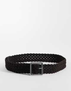 Model wearing Weave leather belt in brown