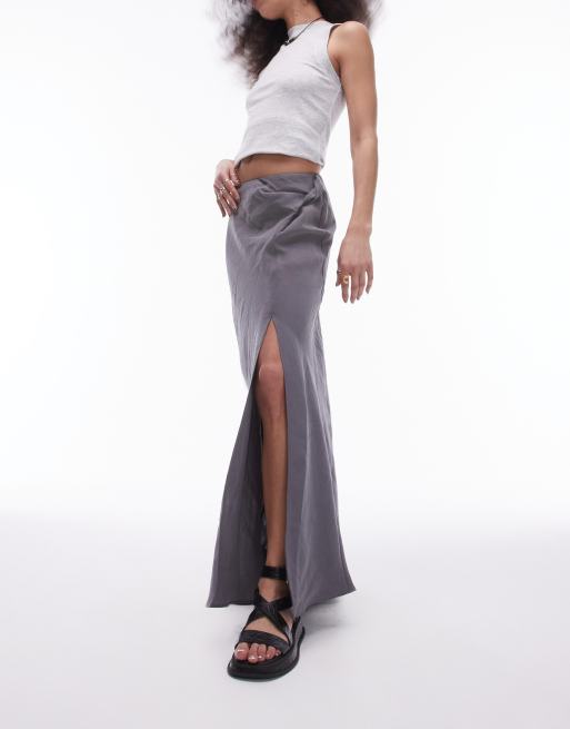 Topshop – Weicher Maxirock in Anthrazit mit verdrehtem Detail und niedrigem Bund