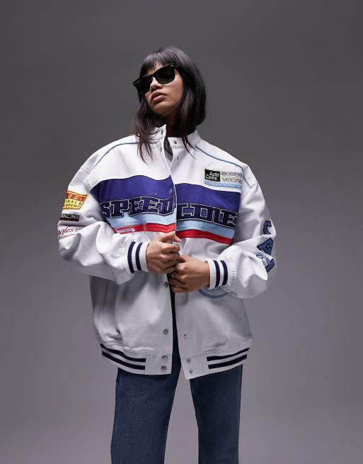 Topshop – Weiße Rennsportjacke in Oversize-Passform mit Moto-Aufnähern