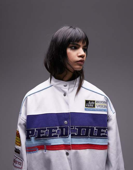 Topshop – Weiße Rennsportjacke in Oversize-Passform mit Moto-Aufnähern, 3 von 4