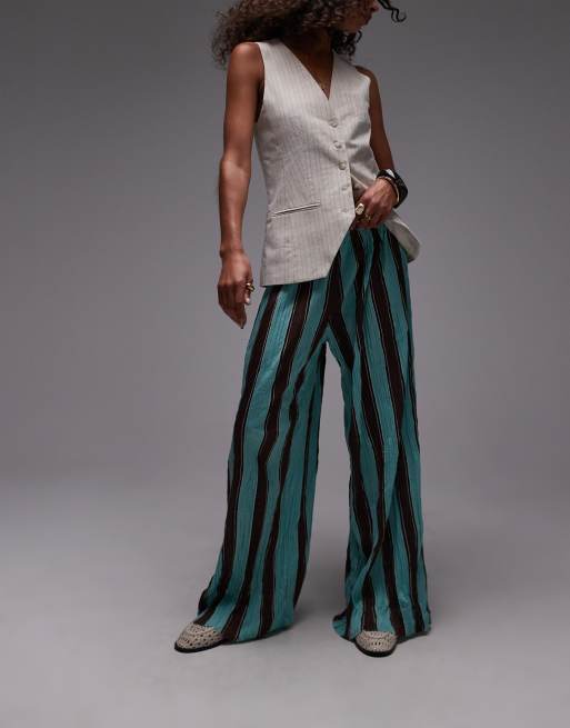 Topshop – Weit geschnittene, gestreifte Hose in Blau und Braun mit Knitterstruktur, 3 von 5