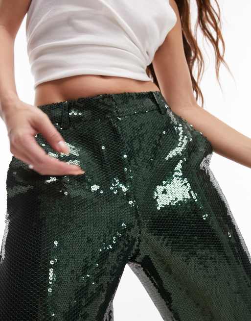 Topshop – Weit geschnittene Pailletten-Hose in Khaki mit niedrigem Bund, 2 von 4