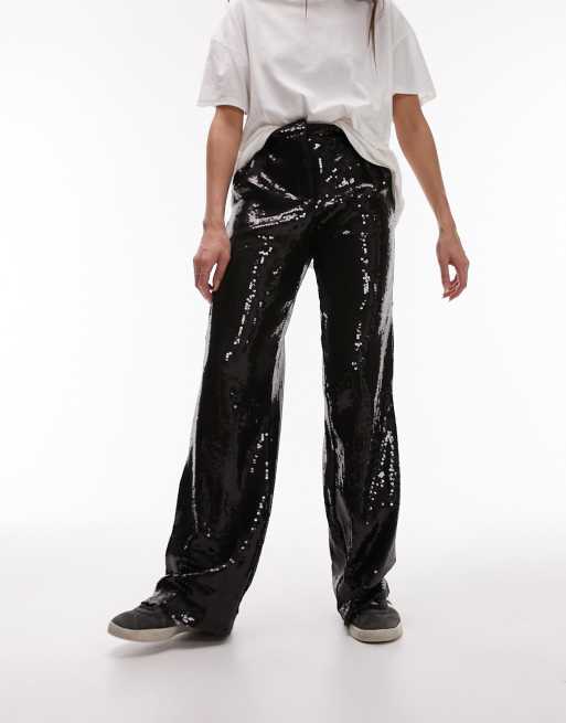 Topshop – Weit geschnittene Pailletten-Hose in Schwarz mit niedrigem Bund