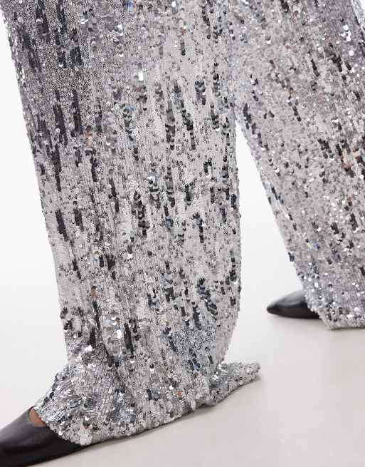Topshop – Weit geschnittene Paillettenhose in Silber, 2 von 5