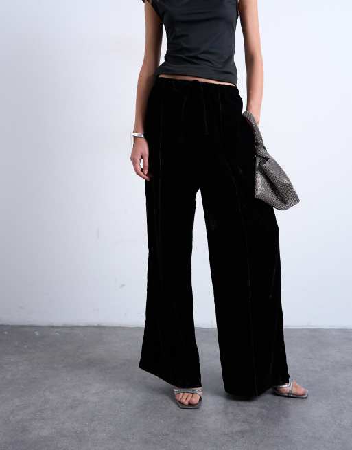 Topshop – Weit geschnittene Samt-Jogginghose in Schwarz mit mittelhohem Kordelzugbund, 2 von 5