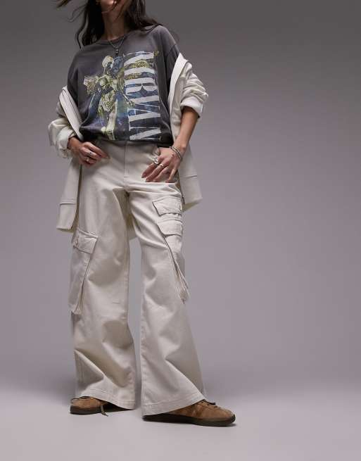 Topshop – Weite Cargohose in Ecru mit seitlichen Taschen