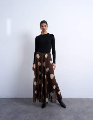 Topshop - Weiter Maxirock aus Chiffon in Schokobraun mit Punkten-Brown
