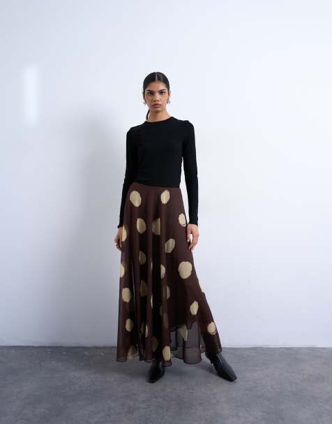 Topshop – Weiter Maxirock aus Chiffon in Schokobraun mit Punkten - view 1