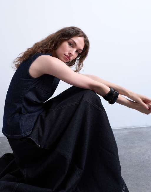 Topshop – Weiter Midi-Jeansrock in verwaschenem Schwarz mit Nähten, 2 von 5