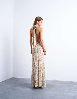 Topshop - Weites Neckholder-Midikleid in Beige mit abstraktem Zebramuster-Grün