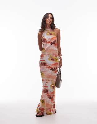 Topshop - Weites Neckholder-Midikleid mit auffälligem, abstraktem Blumenmuster-Bunt