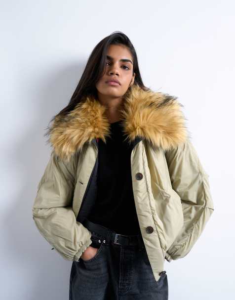 Topshop – Wendbare Hybrid-Bomberjacke in Grün mit Kragen aus Pelzimitat - view 1