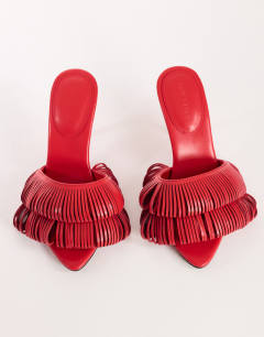 Model wearing Wendy looped fringe heeled sandal in burgundy