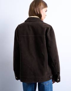 Model wearing Western suedette jacket in brown