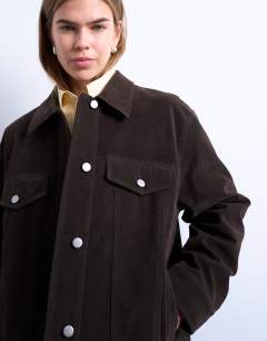 Model wearing Western suedette jacket in brown
