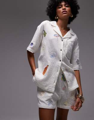 Topshop White Cotton Doodle Embroidery Resort Shirt - Part Of A Set