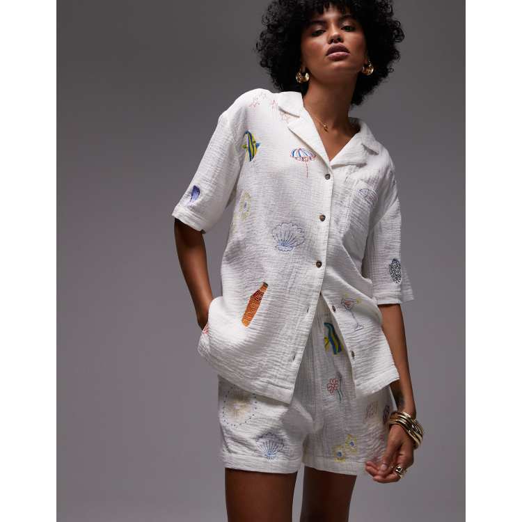 Topshop white cotton doodle embroidery resort shirt - part