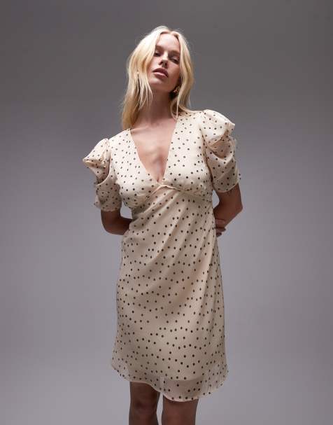 Topshop pinned sleeve mini tea dress in ecru polka dot