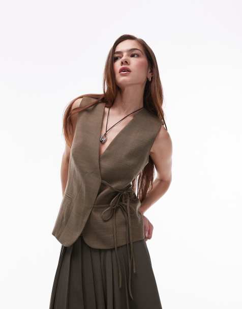 Topshop tie side waistcoat in khaki