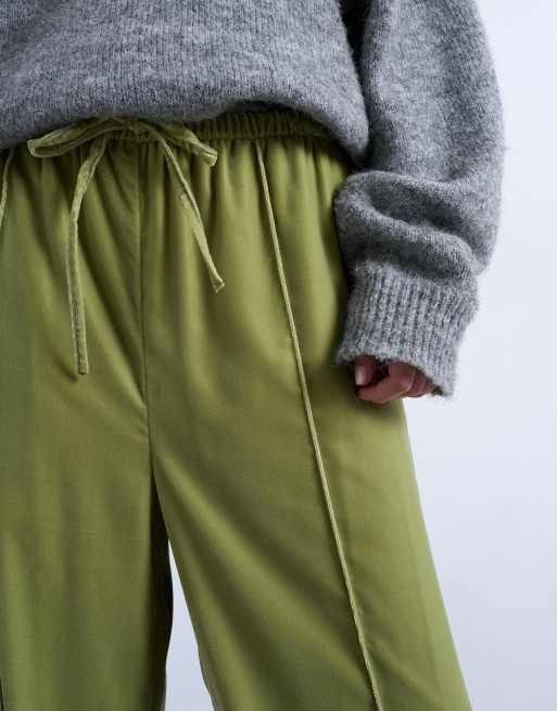 Topshop – Wiązane w talii aksamitne jaskrawozielone joggersy z szerokimi nogawkami i średnim stanem, 4 z 5