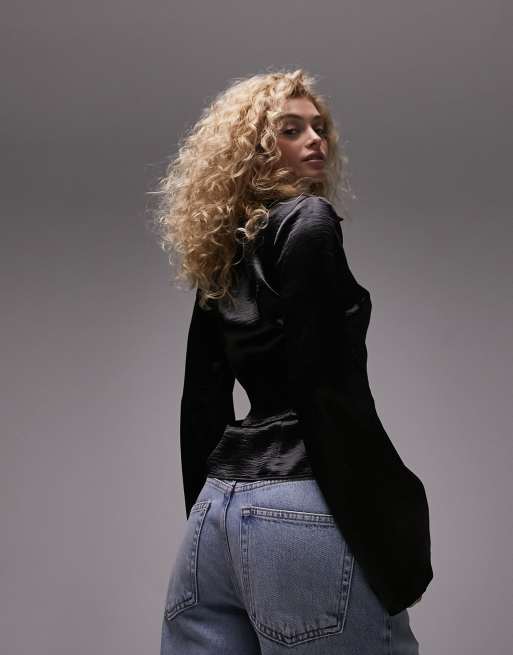 Topshop – Wickelbluse aus strukturiertem Satin in Schwarz , 4 von 4