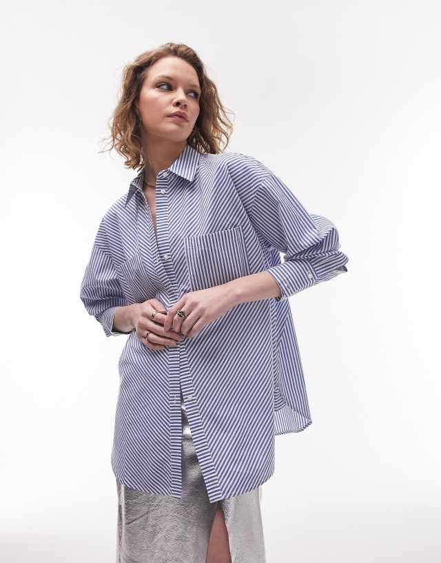 Topshop wide cuff woven striped shirt in dark blue