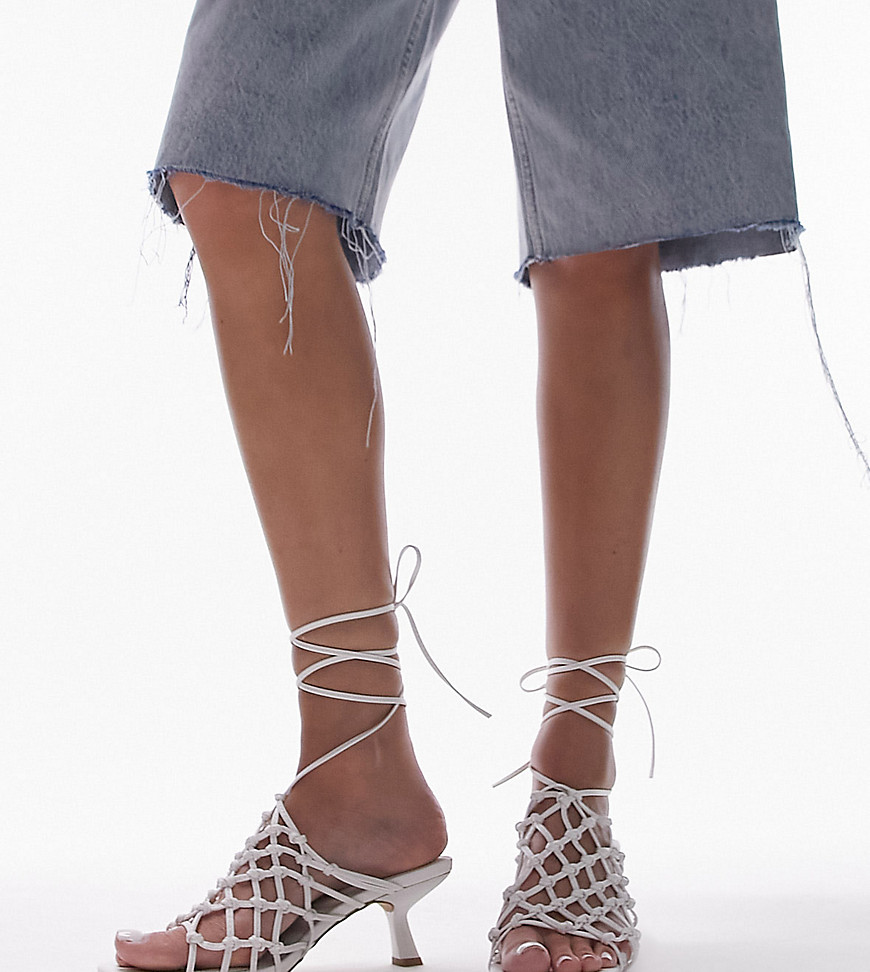 Topshop Wide Fit Ariel caged mid heel sandal with ankle tie in white