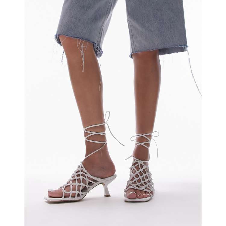 Topshop Wide Fit Ariel caged mid heel sandal with ankle tie in