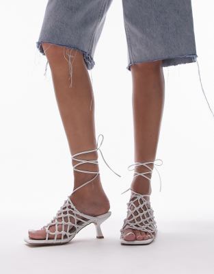 Topshop Wide Fit Ariel Caged Mid Heel Sandals With Ankle Tie In White In Silver