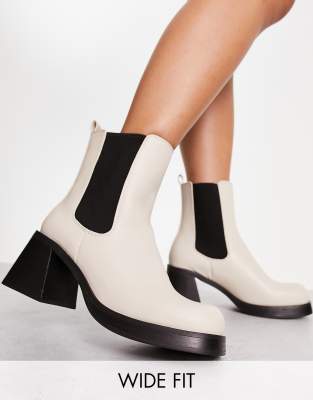 Topshop Wide Fit Bay square toe heeled chelsea boot in off white