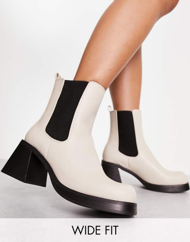 Topshop Wide Fit Bay square toe heeled chelsea boots in off white