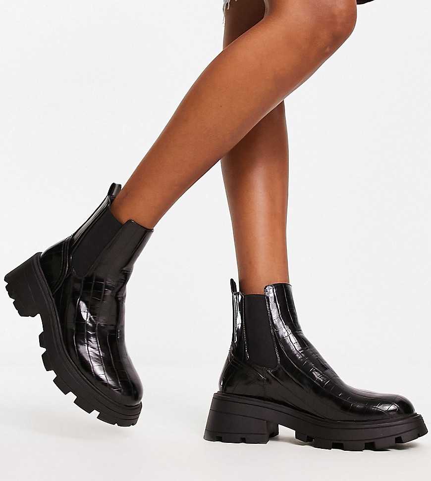 Topshop Wide Fit Bella Chunky Chelsea Boots In Black Croc