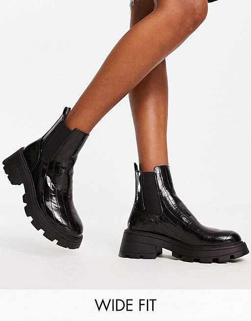 Topshop Wide Fit Bella chunky chelsea boots in black croc | ASOS