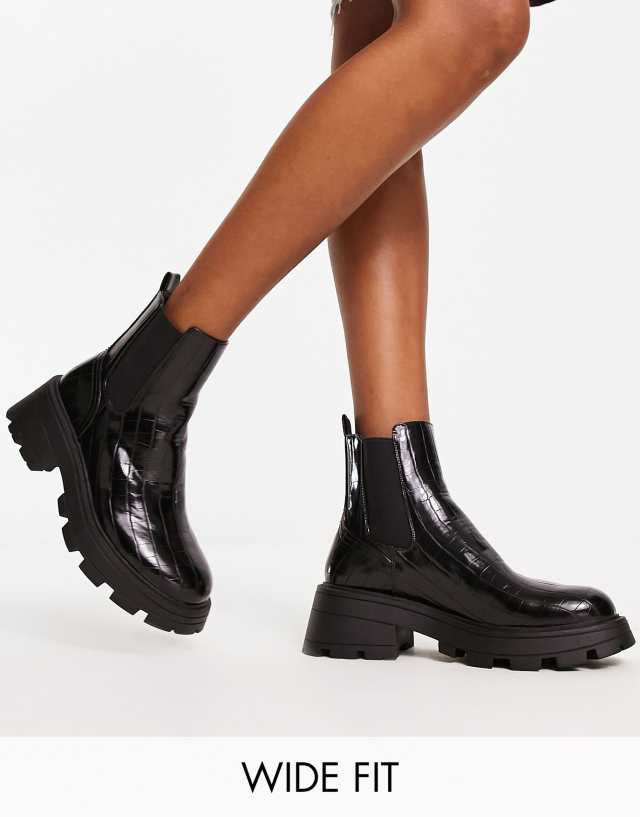 Topshop Wide fit Bella chunky chelsea boots in black croc