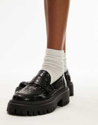 Topshop Wide Fit - Connie - Loafer in Kroko-Schwarz mit dicker Sohle, weite Passform