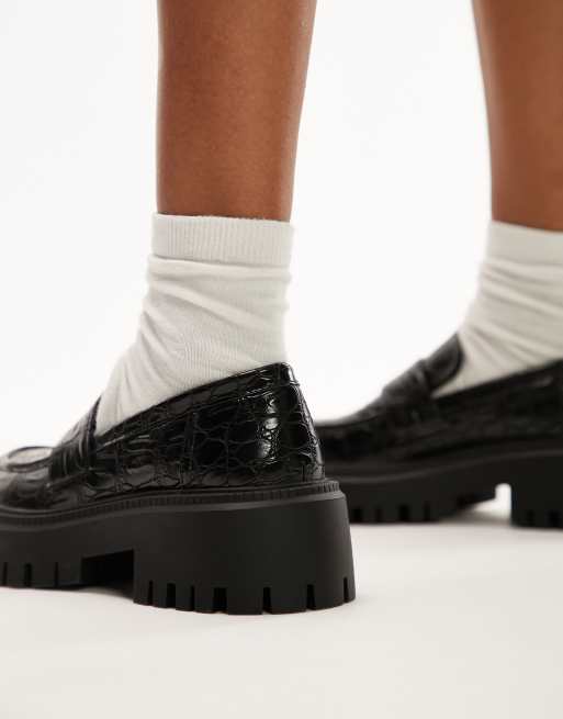 Topshop Wide Fit - Connie - Sorte chunky loafers i imiteret krokodilleskind, 4 af 4