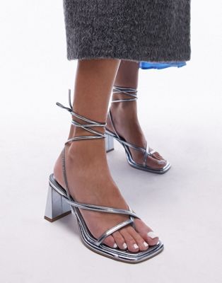 Topshop Wide Fit Ellis tie up sandal with block heel in blue metallic