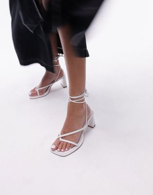 Topshop Wide Fit Ellis tie up sandal with block heel in white