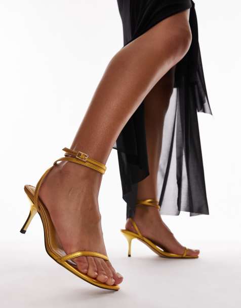 Topshop Wide Fit Fina barely there mid heeled sandals in gold - view 1