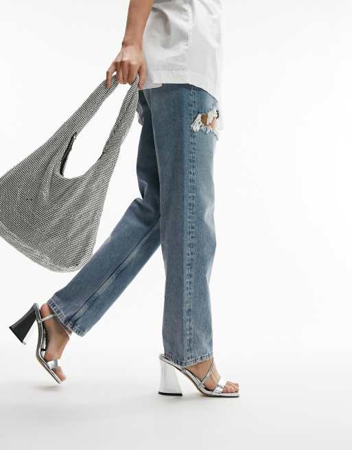 	Topshop Wide Fit Finn angular heel strappy sandals in silver