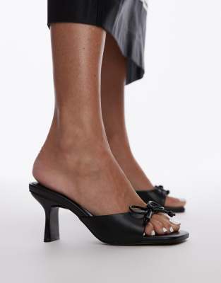 Wide Fit Gem heeled mules with bow in black