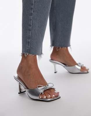 Wide Fit Gem heeled mules with bow in silver