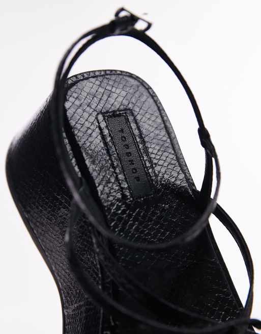 Topshop Wide Fit Greta strappy flatform sandals in black lizard, 4 of 4
