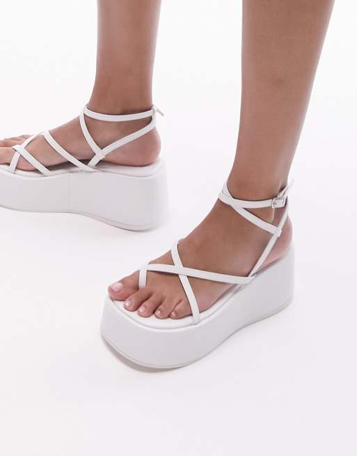 Topshop Wide Fit Greta strappy flatform sandals in white, 4 of 4
