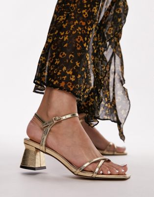 Topshop Wide Fit Iona strappy block heeled sandal in gold lizard