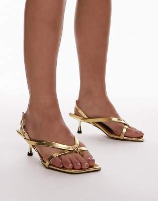 Topshop Wide Fit Issy Toe Post Strappy Heeled Sandals In Gold Lizard