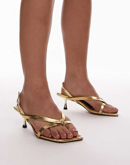 Topshop Wide Fit Issy toe post strappy heeled sandals in gold lizard ASOS