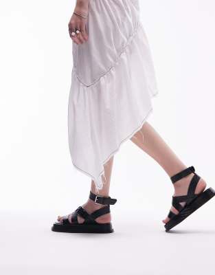 Topshop Wide Fit - Jax - Flache Ledersandalen in Schwarz mit Schnalle und dicker Sohle, weite Passform